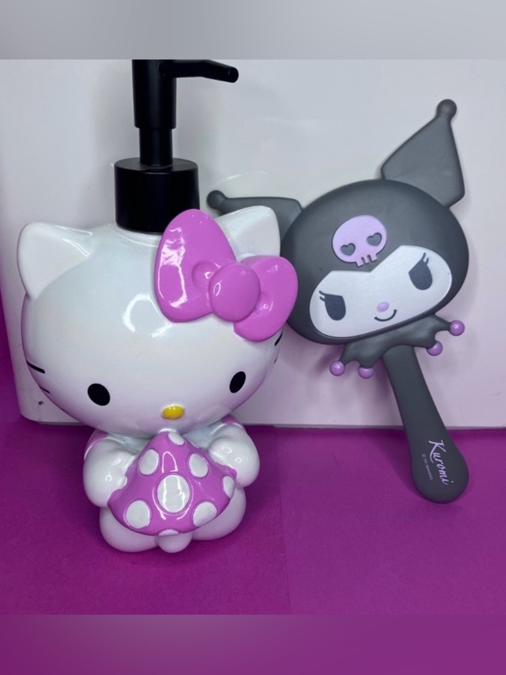 Sanrio Hello Kitty Soap Dispenser & Kuromi Hand Mirror Vanity Bathroom Set